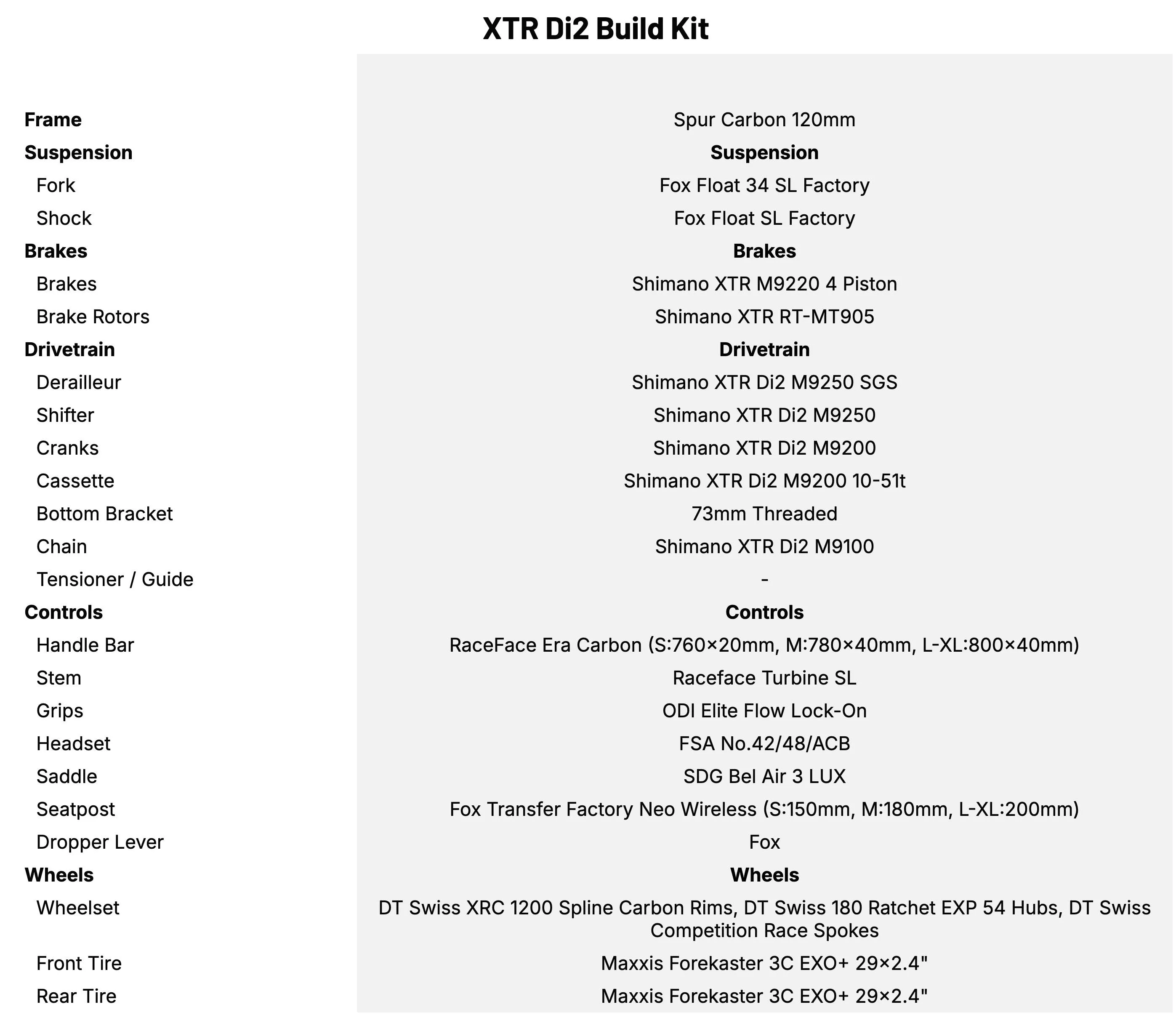 Transition Spur 2026_XTR Di2 Build Kit