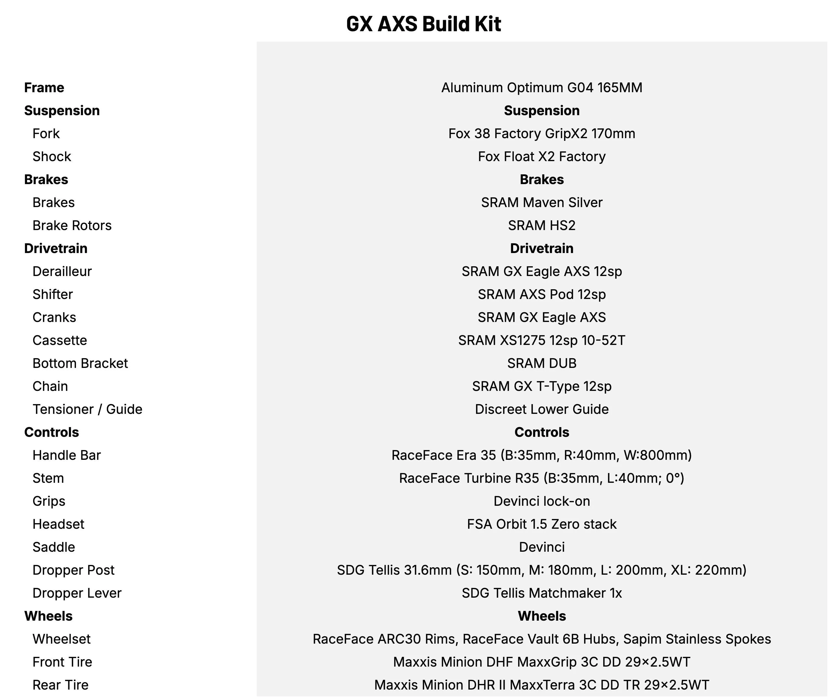 Devinci Spartan Alloy MX GX AXS Build Kit